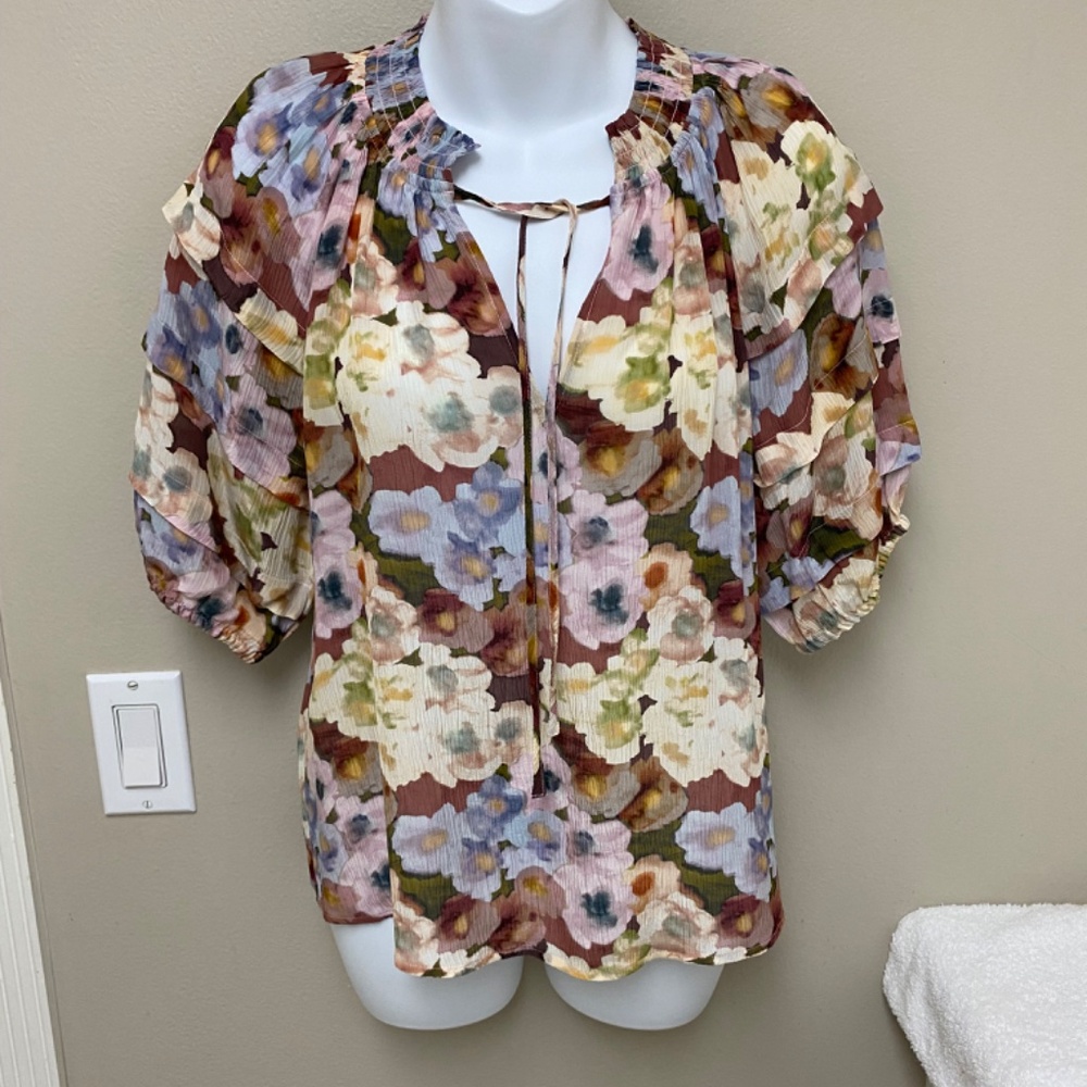 NEW! Rails Paris Top in Painted Floral Multi Color Short Sleeve Size XS - $178 - Picture 4 of 16